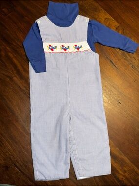 Petit Bebe Blue Gingham Boys' Smocked Airplane Jon Jon w/ royal blue turtleneck